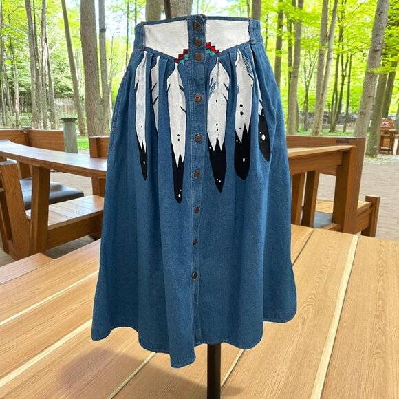 Vintage Hand Painted Feather Denim Skirt Boho Western Folk Art Cottagecore - Picture 1 of 10